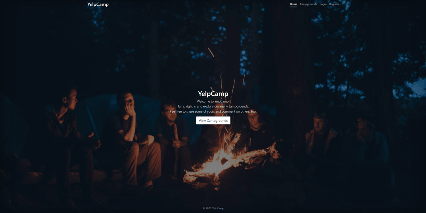 A screenshot of a webpage, its background that of a handful of people sitting around a campfire